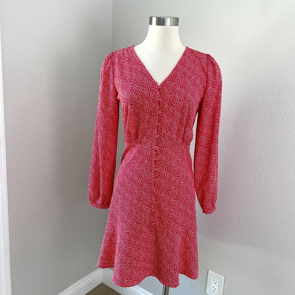 LOFT Womens 2 Red All Over Hearts Button Front Dress Flounce Hem Long Sleeve